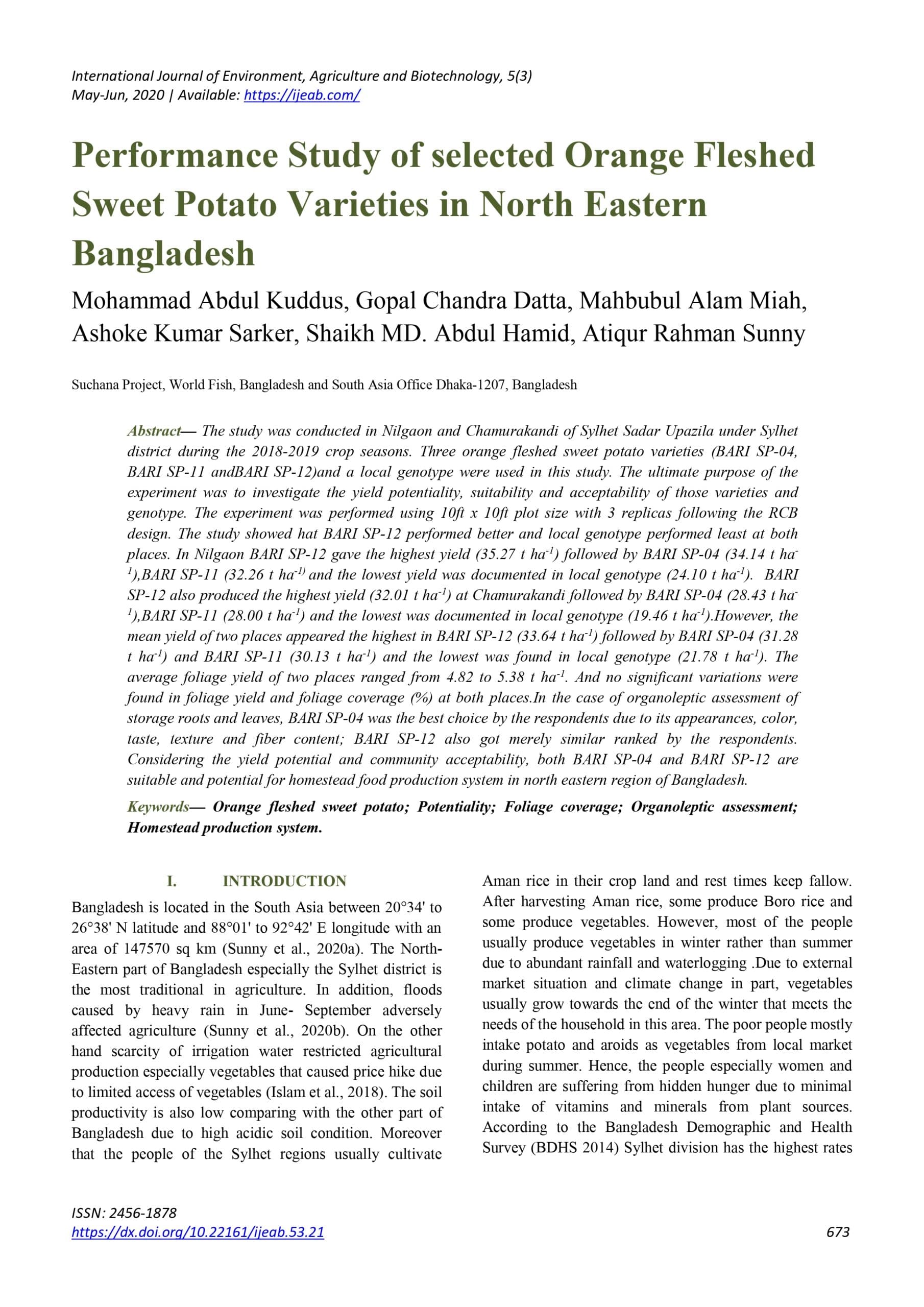 Performance Study of selected Orange Fleshed Sweet Potato Varieties in North Eastern Bangladesh