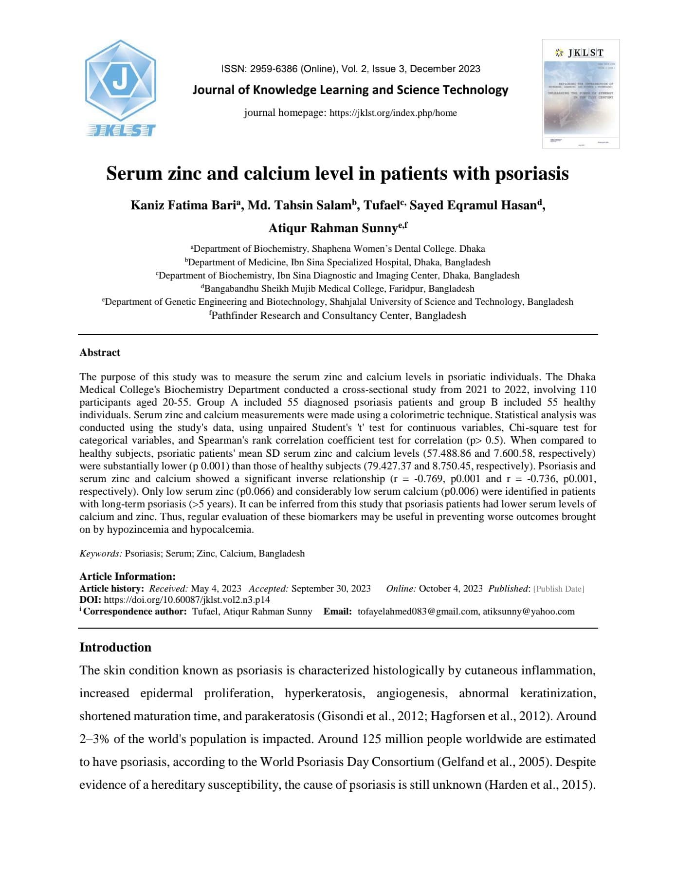 Serum zinc and calcium level in patients with psoriasis