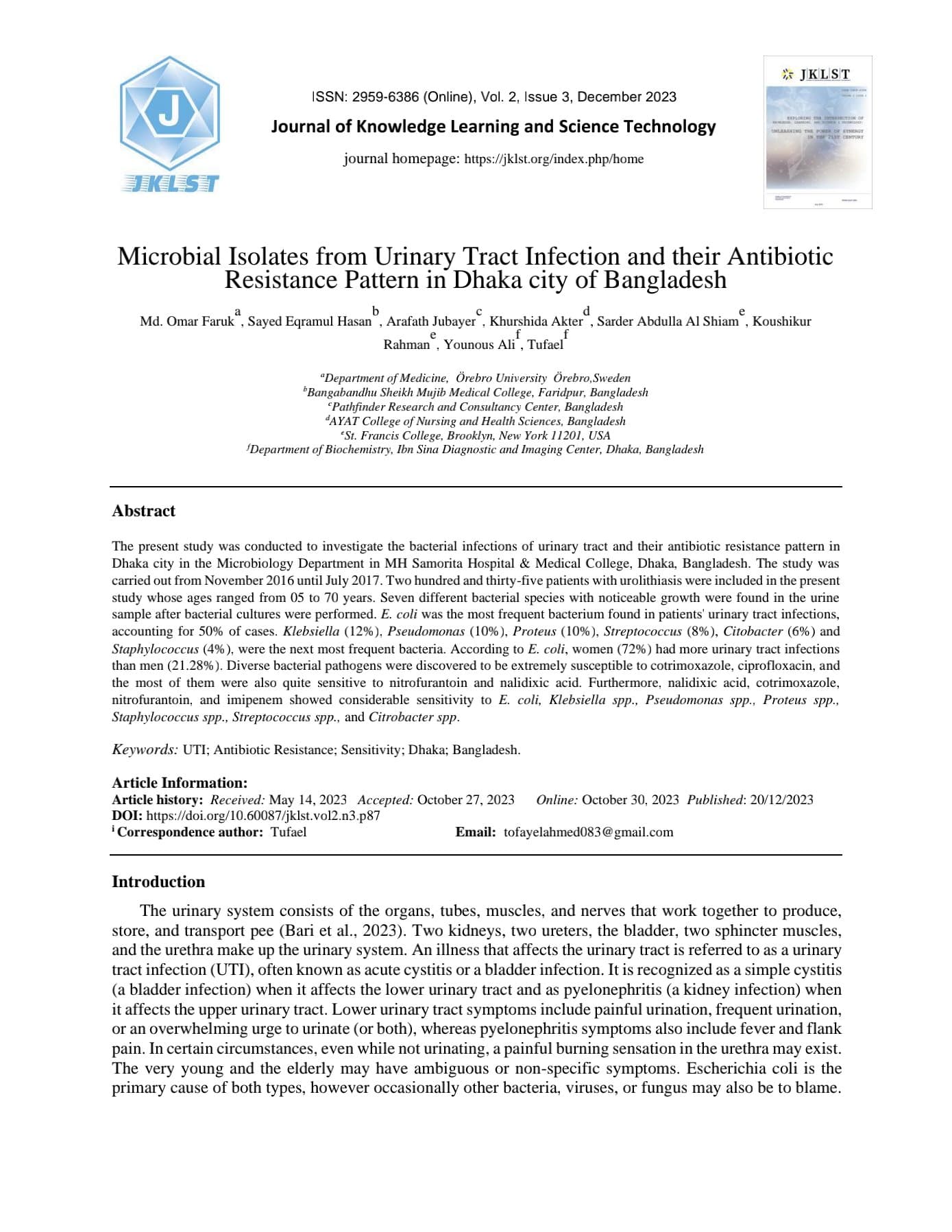 Microbial Isolates from Urinary Tract Infection and their Antibiotic Resistance Pattern in Dhaka city of Bangladesh