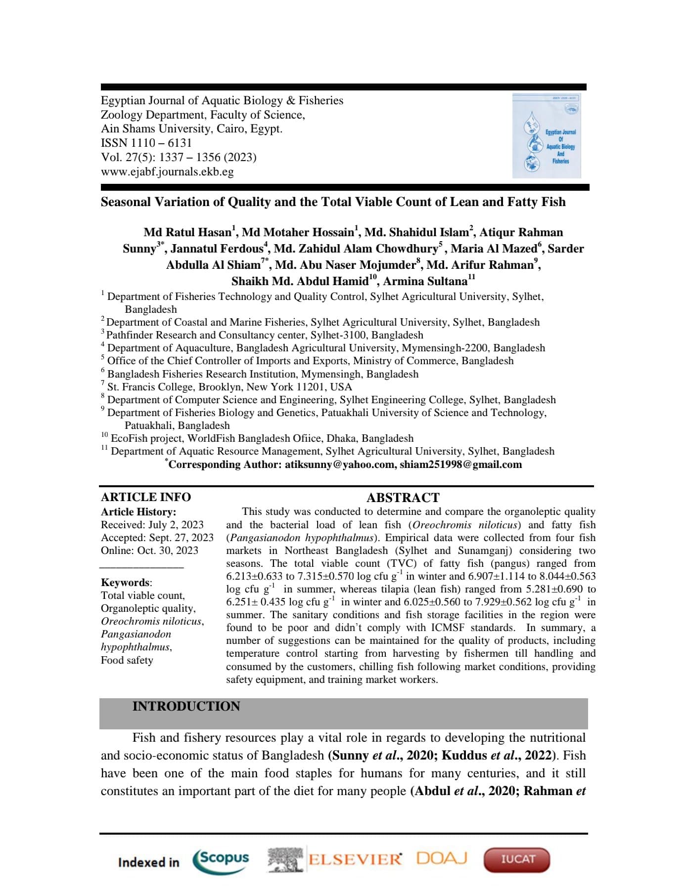 Seasonal Variation of Quality and the Total Viable Count of Lean and Fatty Fish