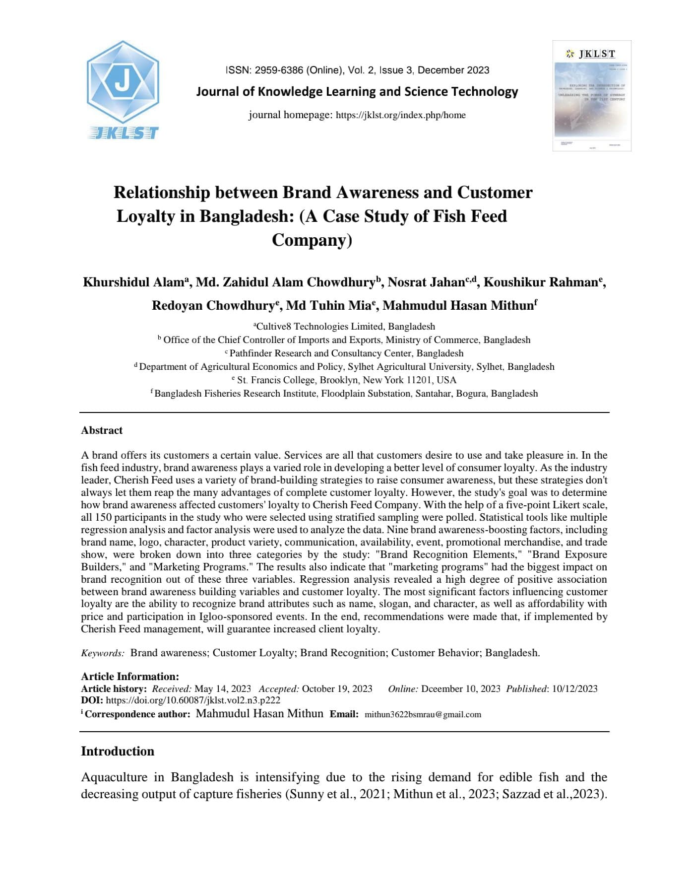 Relationship between Brand Awareness and Customer Loyalty in Bangladesh: (A Case Study of Fish Feed Company)