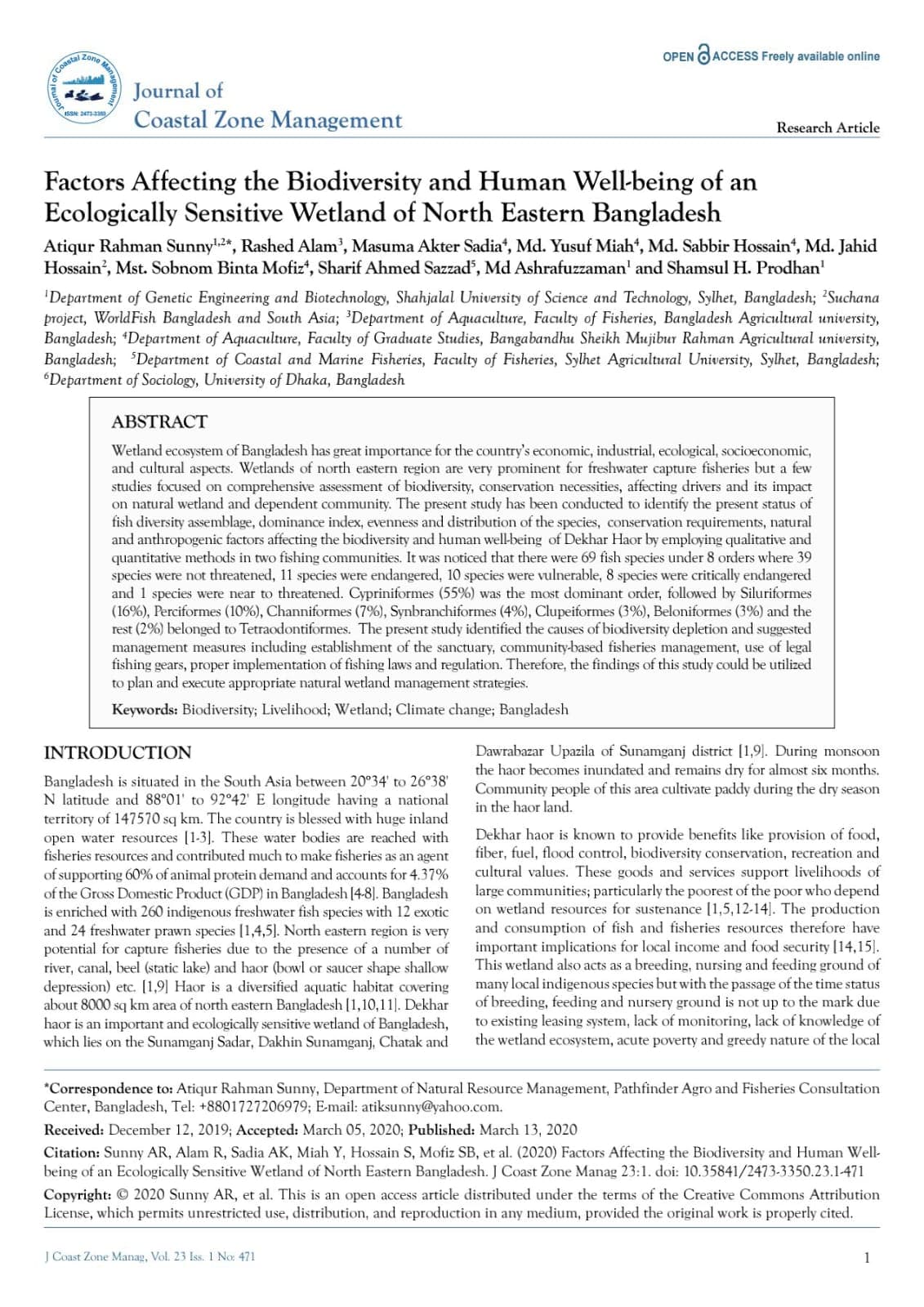 Factors Affecting the Biodiversity and Human Well-being of an Ecologically Sensitive Wetland of North Eastern Bangladesh