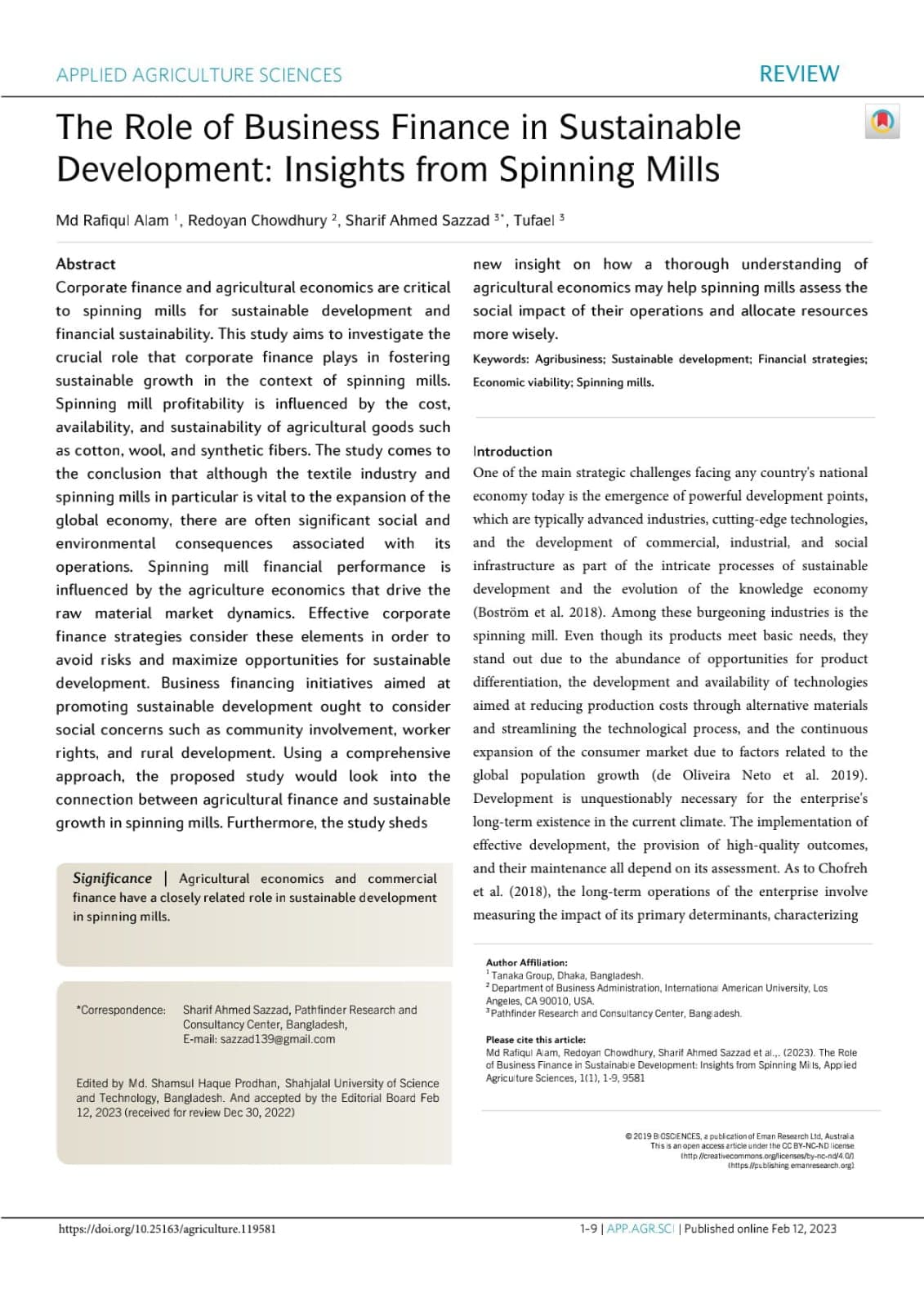 The Role of Business Finance in Sustainable Development: Insights from Spinning Mills