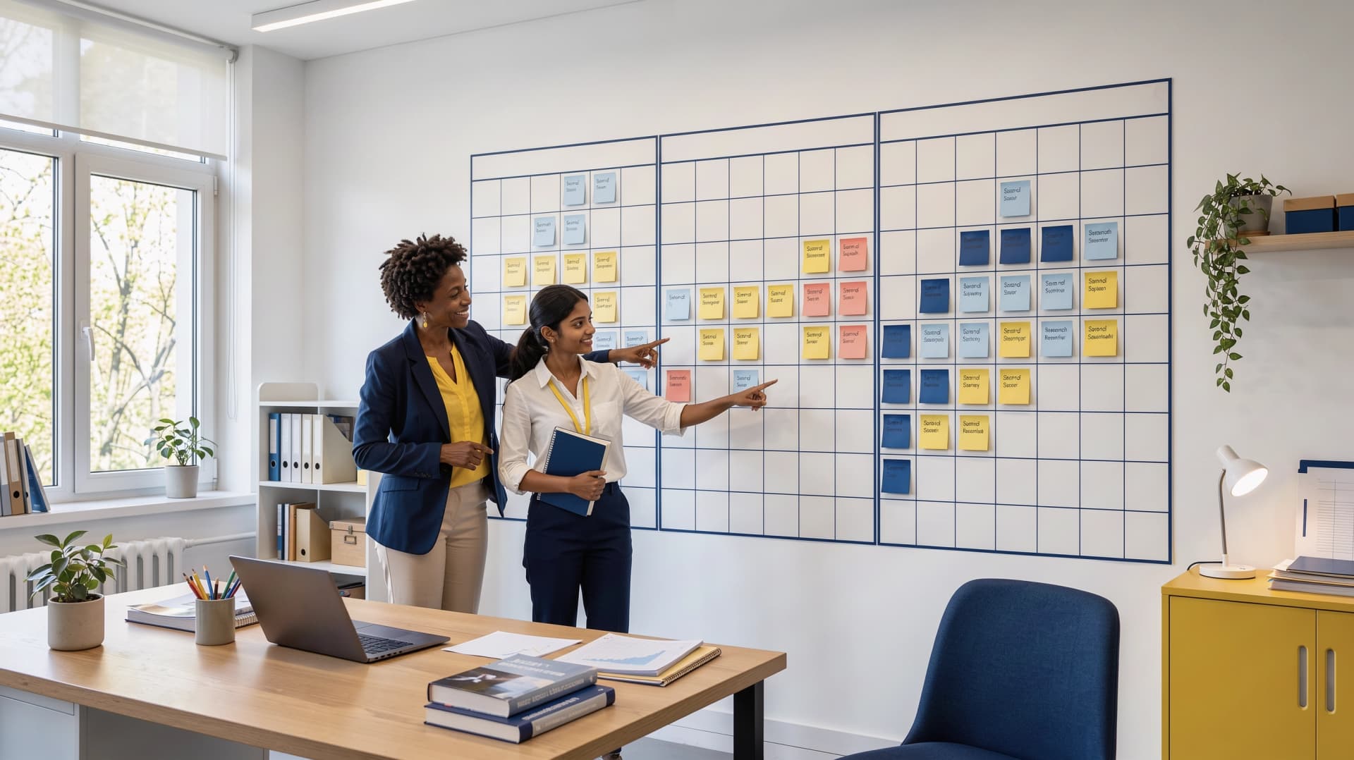 Mentor and researcher planning a three-month research roadmap on a wall planner
