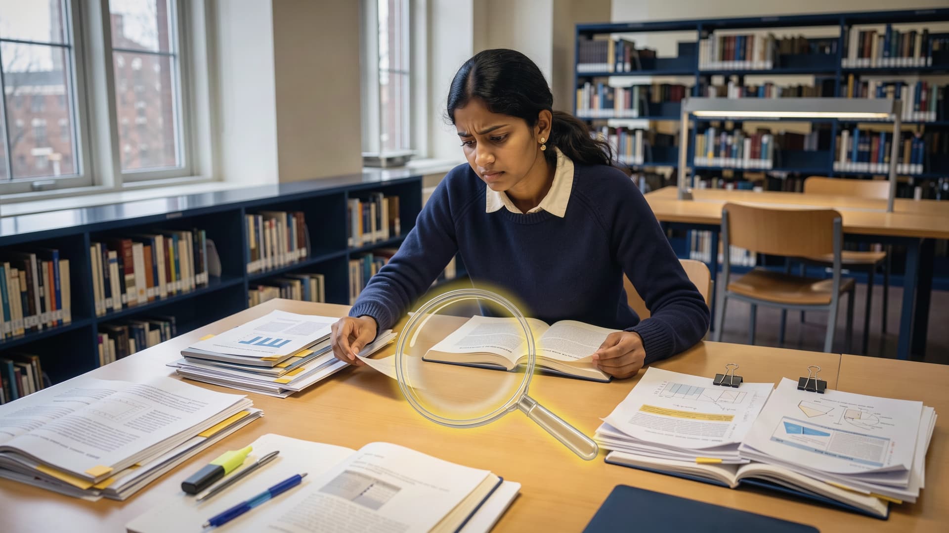 Graduate student in a library comparing journal papers to find a research gap