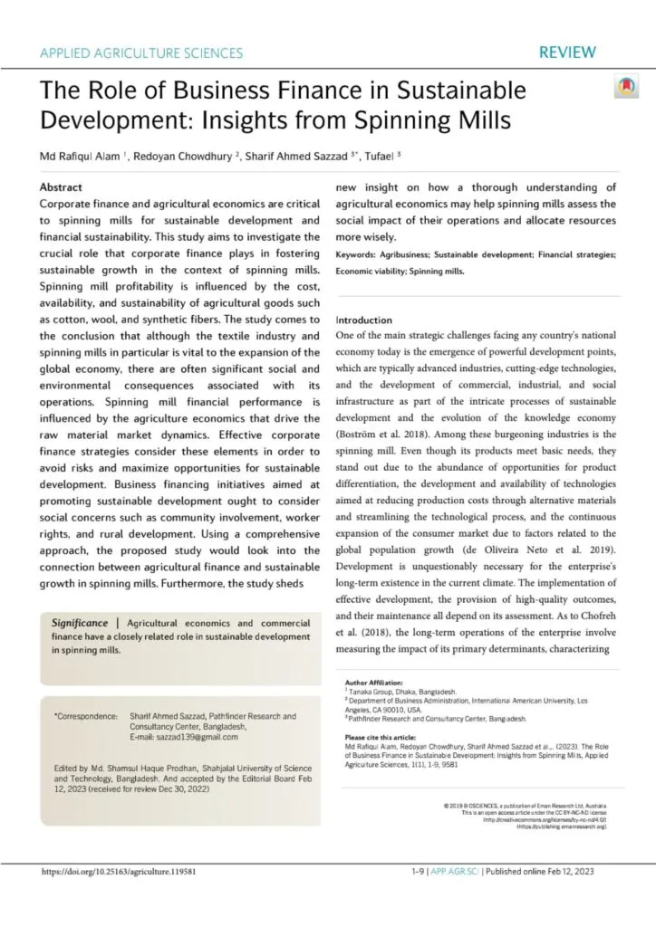 The Role of Business Finance in Sustainable Development: Insights from Spinning Mills